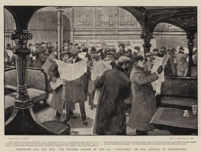 Amerikanen en de oorlog, de rooksalon van de SS Campania bij haar aankomst in Queenstown door Henry Marriott Paget
